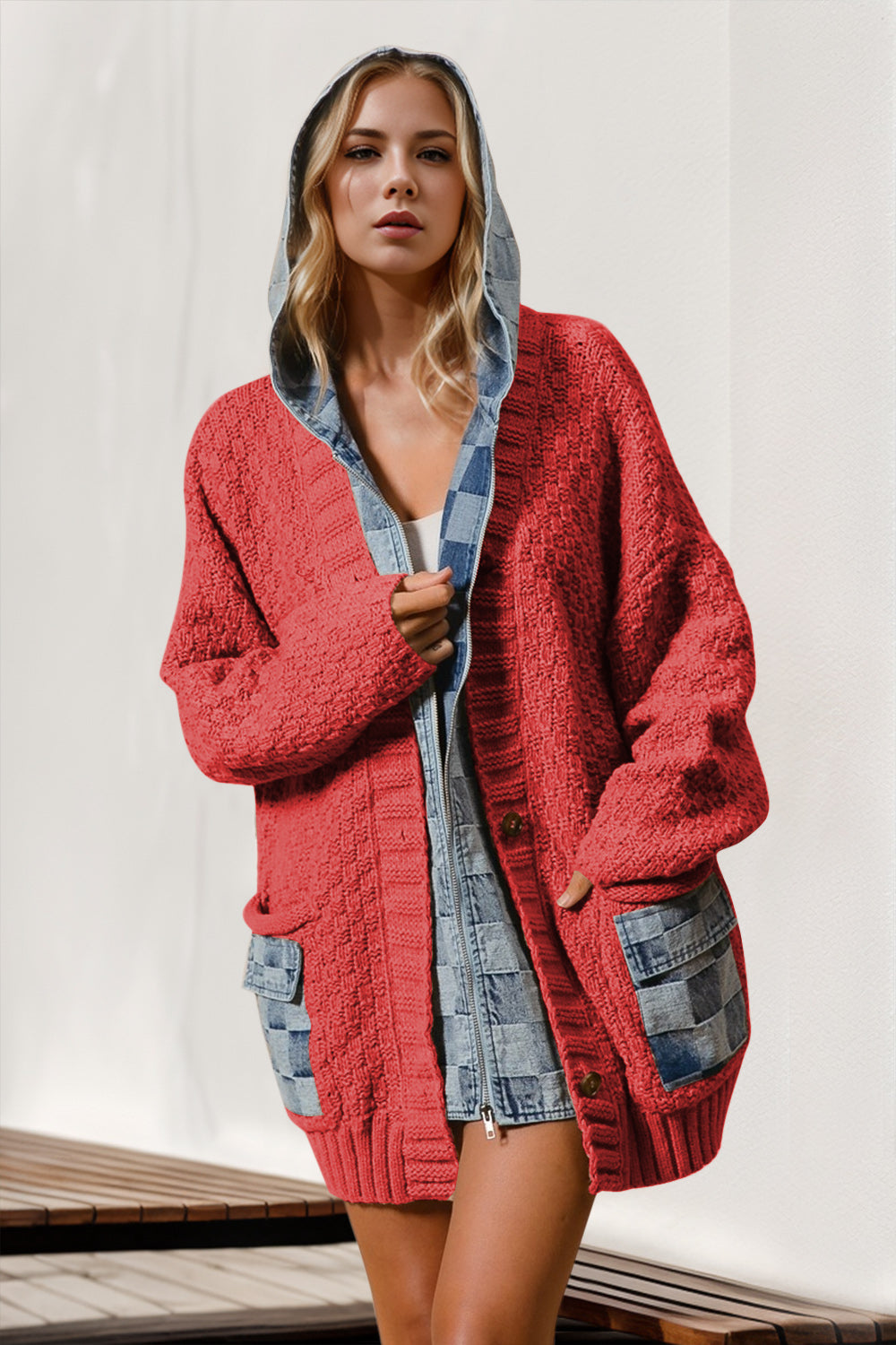 Double Take Full Size Hooded Denim Spliced Sweater Cardigan Trendsi