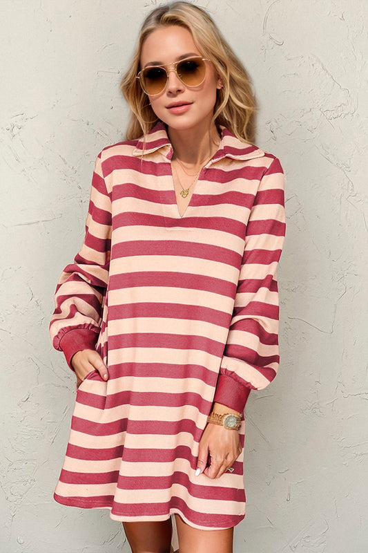 Double Take Full Size Striped Contrast Collared Neck Long Sleeve Dress Trendsi