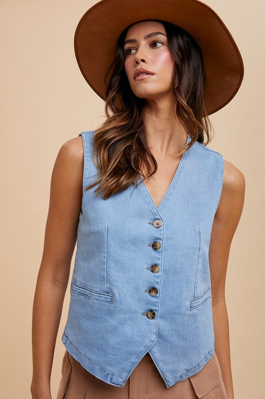 Annie Wear Button Down V-Neck Denim Vest Trendsi