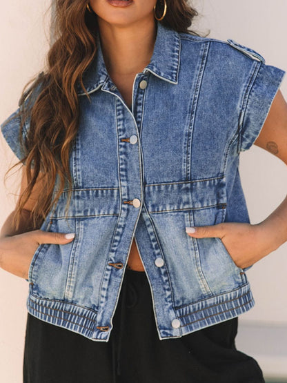 Button Up Cap Sleeve Denim Jacket Trendsi