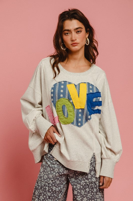 BiBi LOVE Heart Patch Slit French Terry Sweatshirt Trendsi