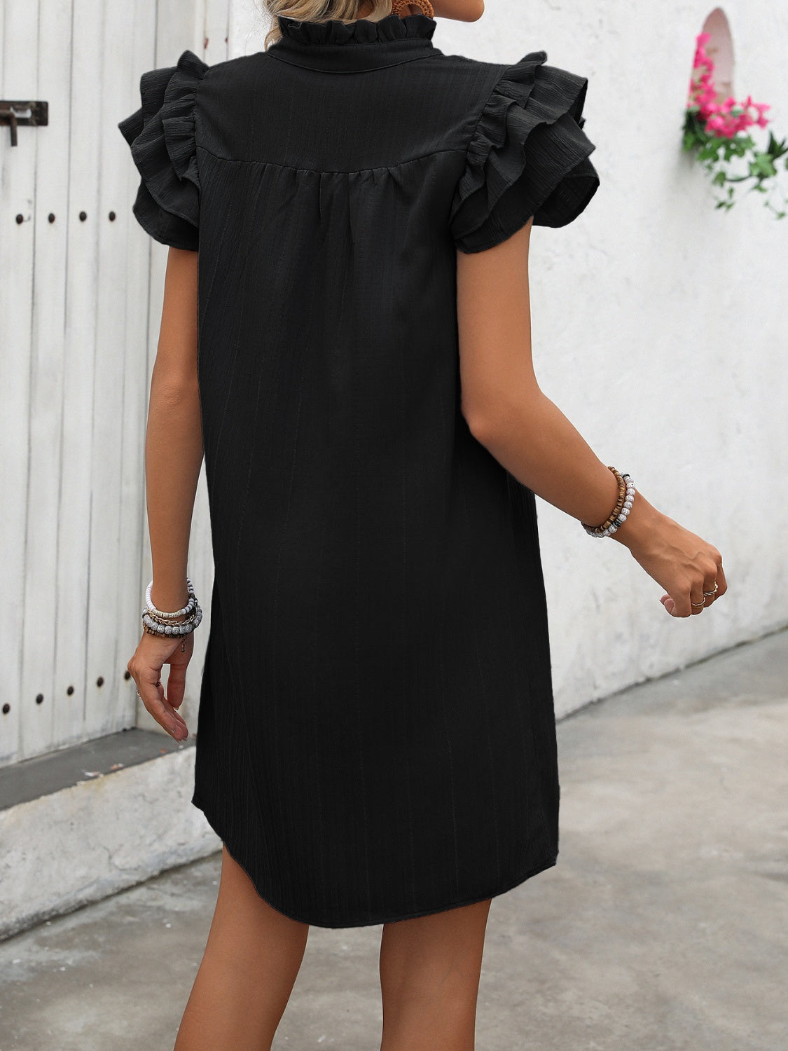 Ivy Lane Ruffled Notched Cap Sleeve Mini Dress Trendsi