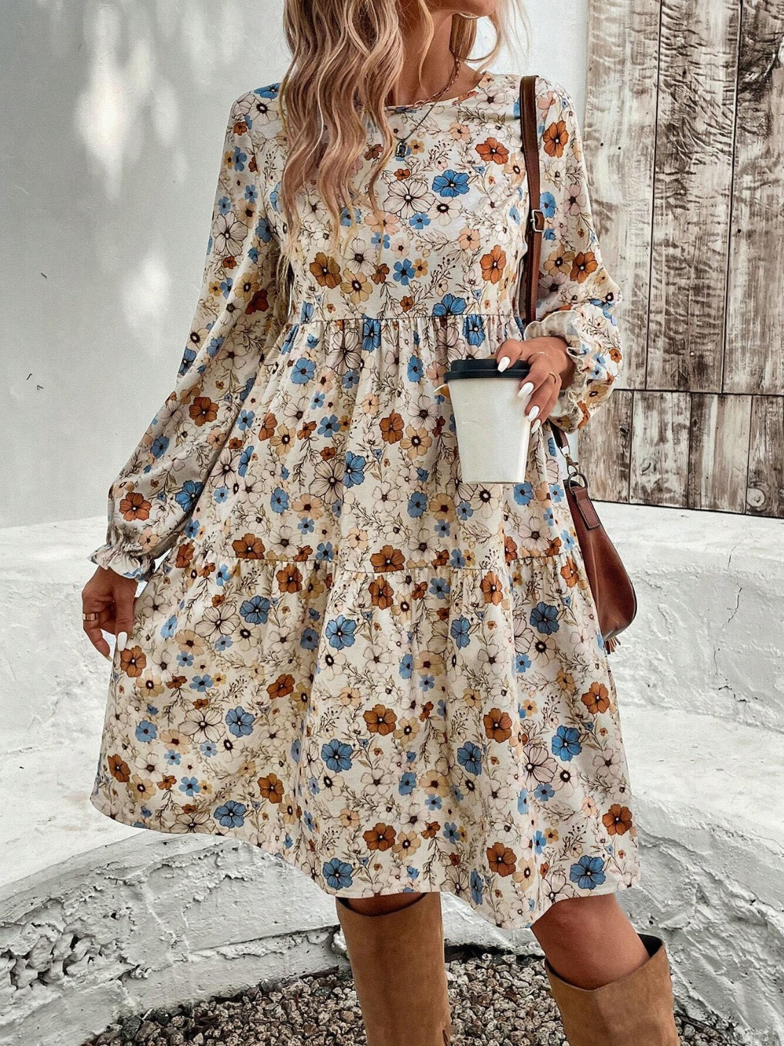 Tiered Floral Round Neck Long Sleeve Dress Trendsi