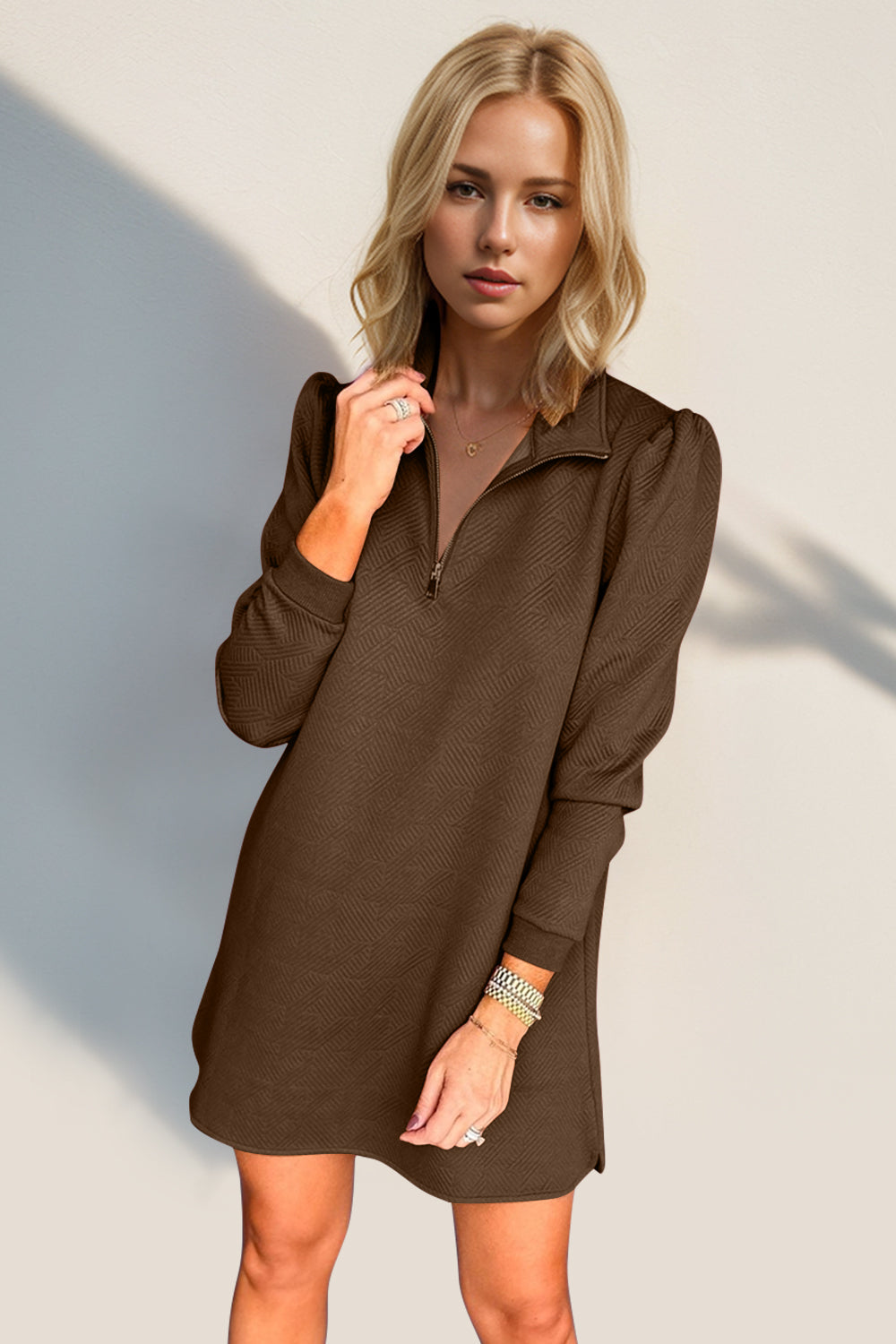 Double Take Textured Quarter Zip Long Sleeve Dress Trendsi