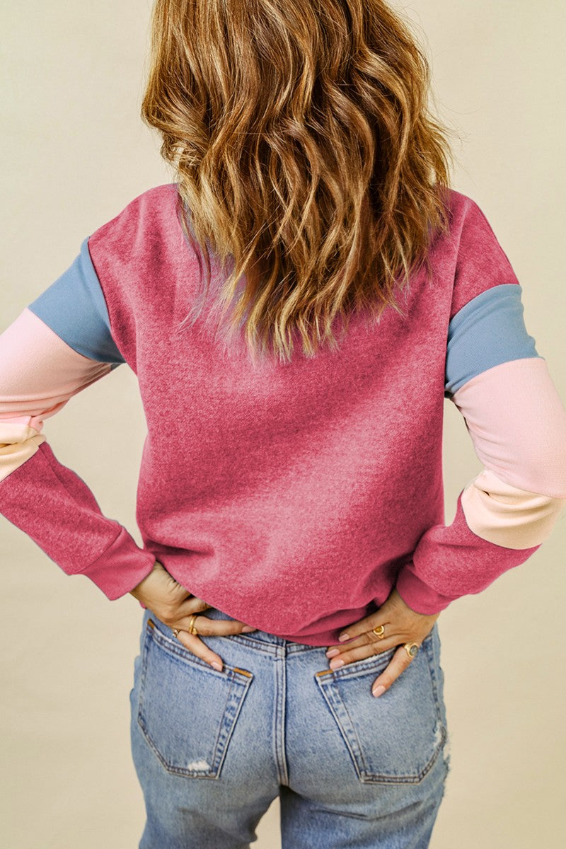 Color Block Round Neck Long Sleeve Sweatshirt Trendsi