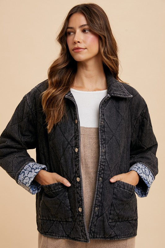 Annie Wear Quilted Printed Lining Snap Down Denim Jacket Trendsi