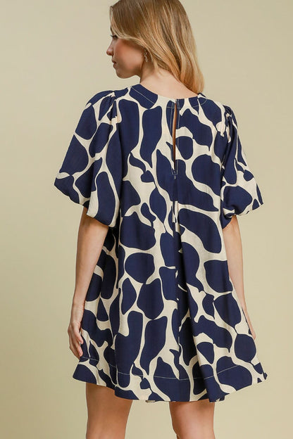 Umgee Two Tone Abstract Print Puff Sleeve Dress Trendsi