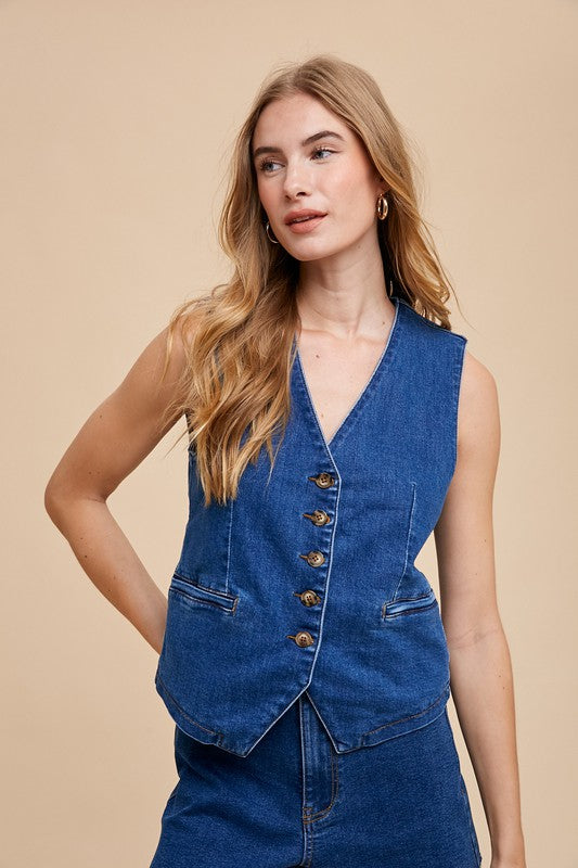 Annie Wear Button Down V-Neck Denim Vest Trendsi