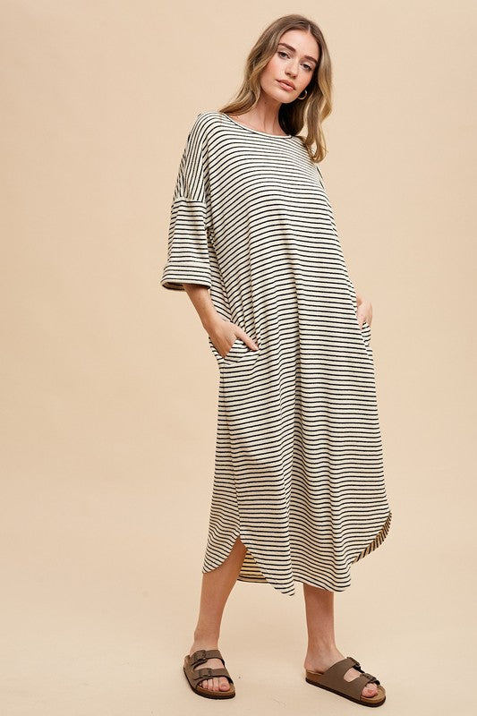 Annie Wear Striped Round Neck Terry Midi Dress Trendsi