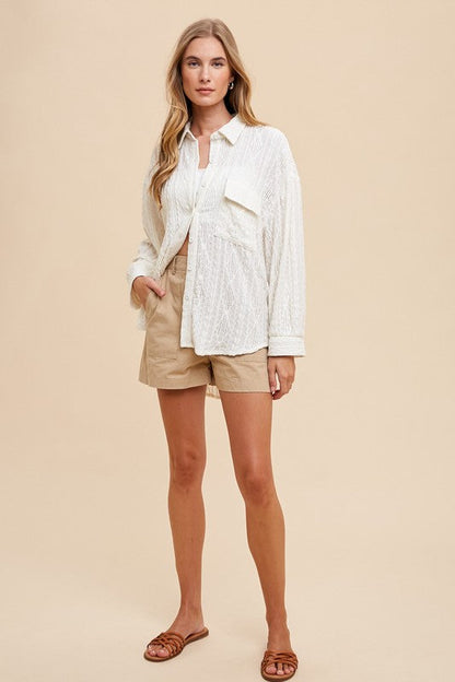 Annie Wear Openwork Button Down Drop Shoulder Shirt Trendsi