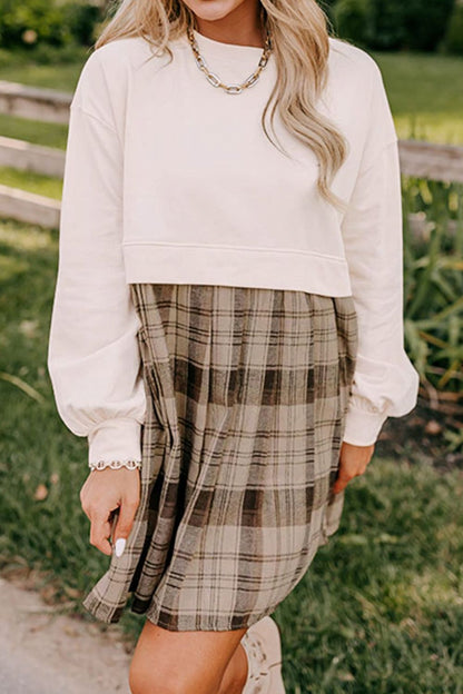 Plaid Round Neck Long Sleeve Mini Dress Trendsi