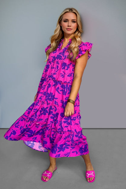 Oh Full Size Ruffled Printed Notched Cap Sleeve Midi Dress Trendsi