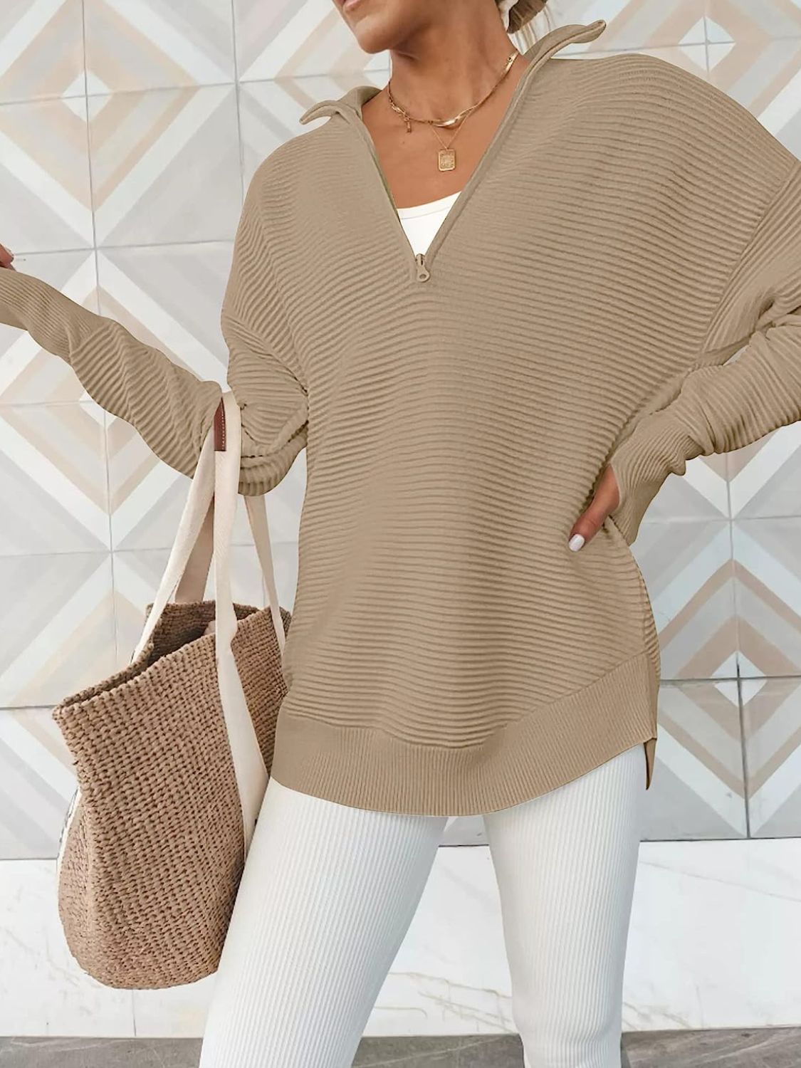 Half Zip Long Sleeve Knit Top Trendsi