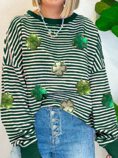 Stripe Lucky Clover Drop Shoulder Sweatshirt Trendsi