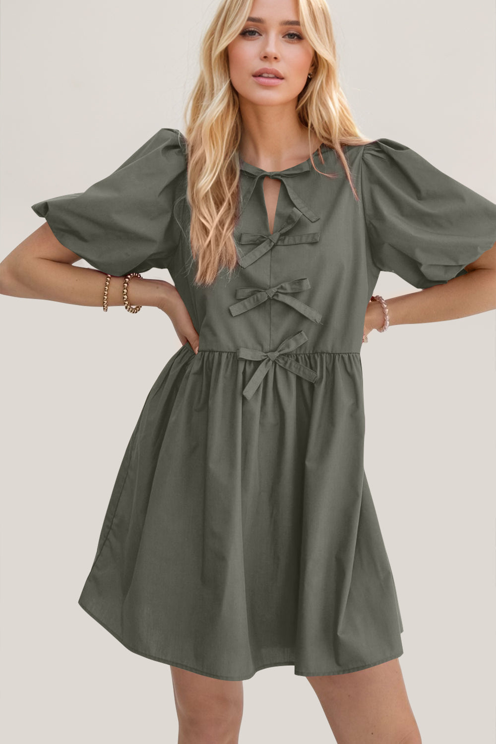 Oh Bow Ruched Puff Sleeve Mini Dress Trendsi