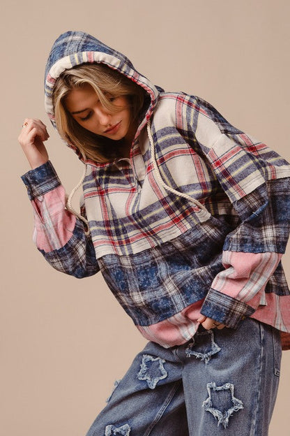 BiBi Drawstring Plaid Drop Shoulder Hoodie Trendsi