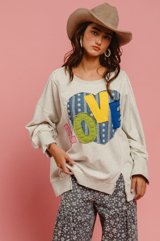 BiBi LOVE Heart Patch Slit French Terry Sweatshirt Trendsi