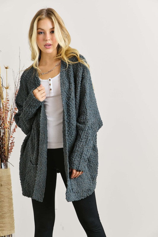 ADORA Popcorn Knit Open Front Long Sleeve Cardigan Trendsi