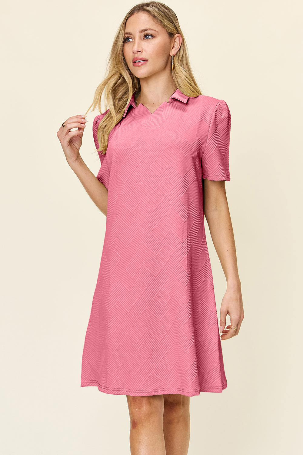 Double Take Full Size Texture Collared Neck Short Sleeve Dress Trendsi