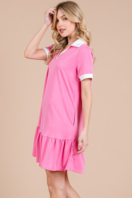 Ces Femme Ruffled Hem Johnny Collar Short Sleeve Dress Trendsi