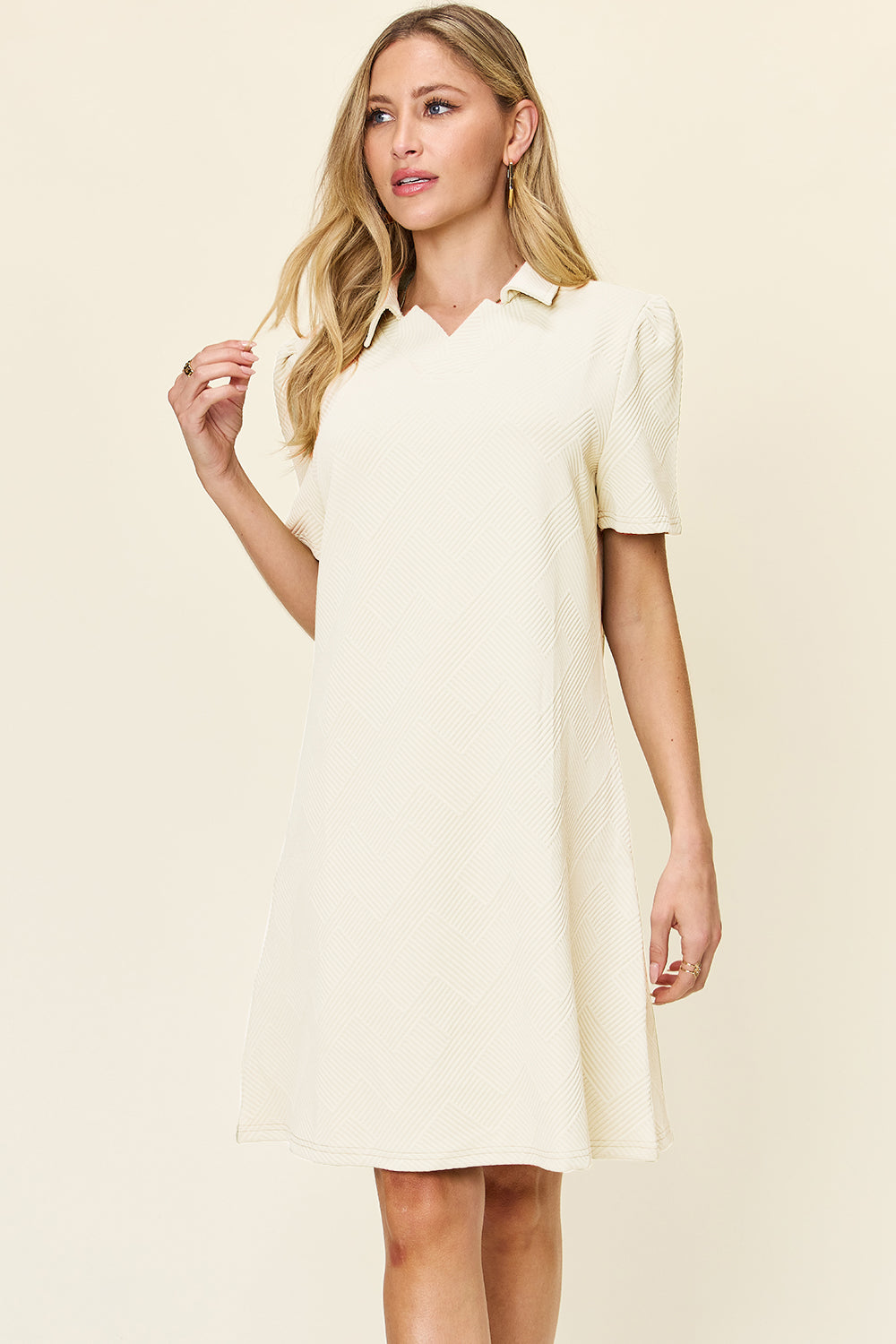 Double Take Full Size Texture Collared Neck Short Sleeve Dress Trendsi