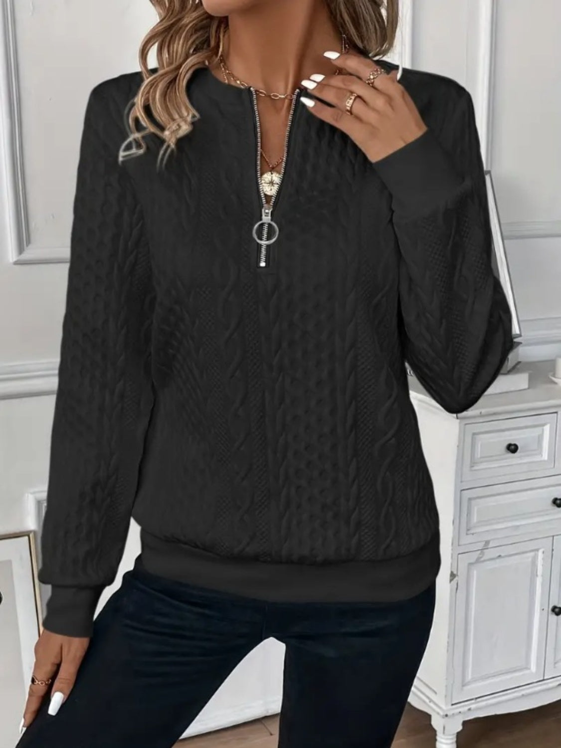 Texture Half Zip Long Sleeve Sweatshirt Trendsi