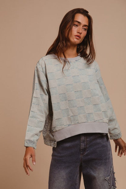 BiBi Mineral Washed Checkered Round Neck Denim Top Trendsi