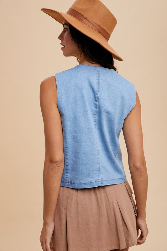 Annie Wear Button Down V-Neck Denim Vest Trendsi