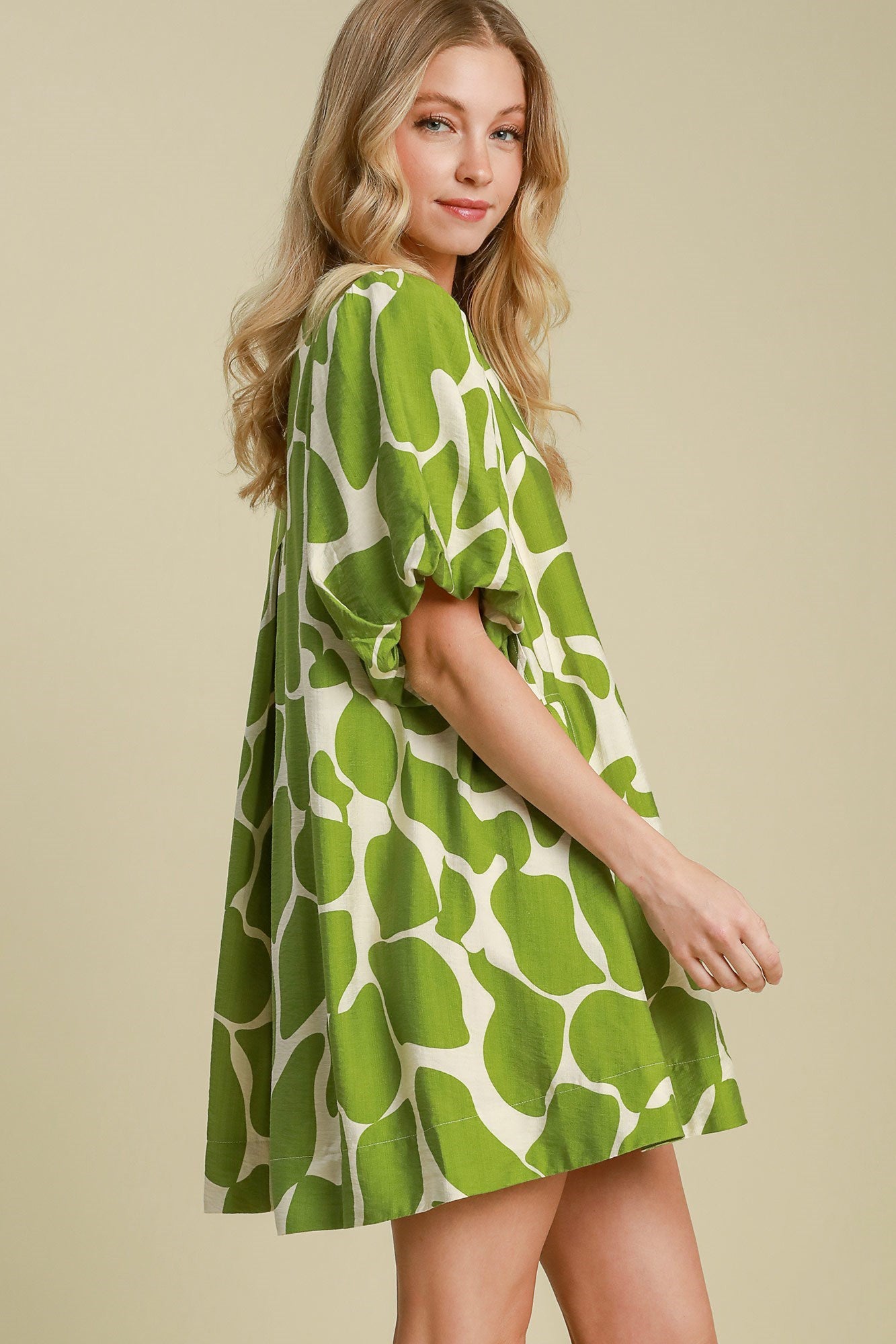 Umgee Two Tone Abstract Print Puff Sleeve Dress Trendsi