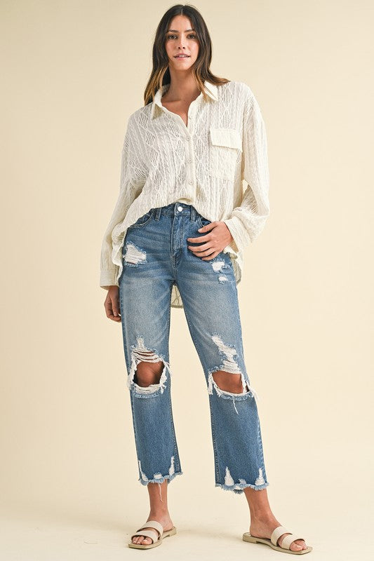 Annie Wear Distressed Raw Hem Cropped Jeans Trendsi