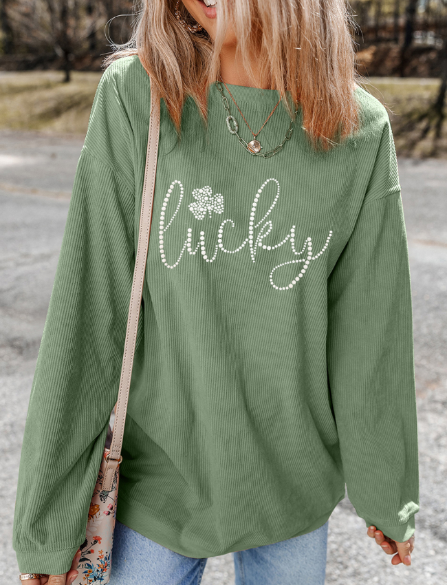 LUCKY Rhinestone Round Neck Long Sleeve Sweatshirt Trendsi