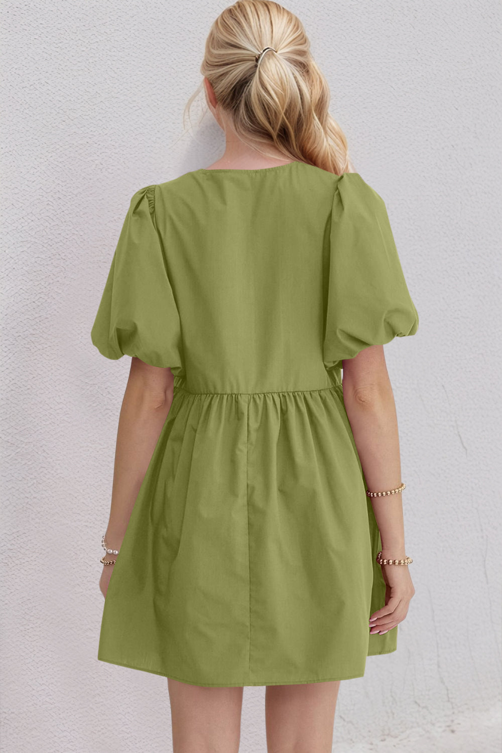 Oh Bow Ruched Puff Sleeve Mini Dress Trendsi