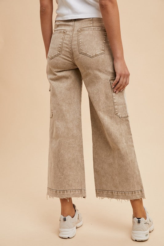 Annie Wear Raw Hem Wide Leg Jeans with Cargo Pockets Trendsi