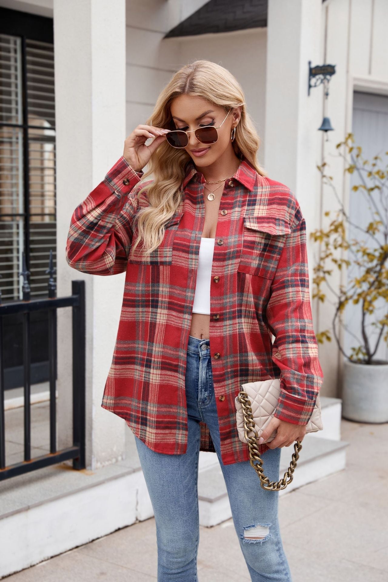 Mandy Plaid Button Up Long Sleeve Shirt Trendsi