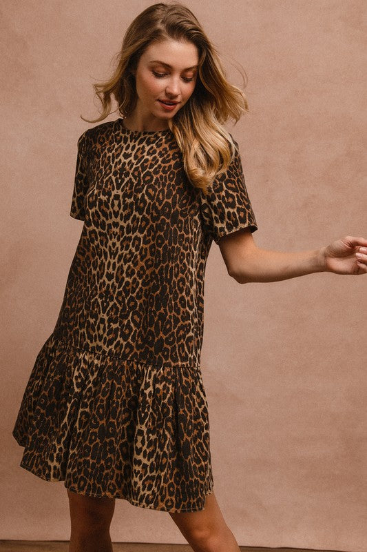 BiBi Tie Back Leopard Round Neck Short Sleeve Dress Trendsi