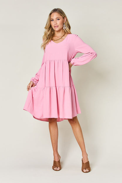 Double Take Full Size V-Neck Balloon Sleeve Tiered Dress with Pockets Trendsi