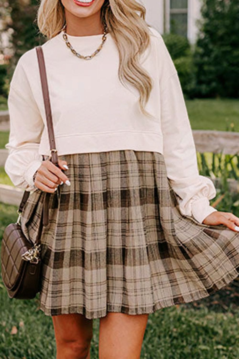 Plaid Round Neck Long Sleeve Mini Dress Trendsi