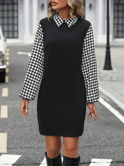 Houndstooth Collared Neck Long Sleeve Mini Dress Trendsi