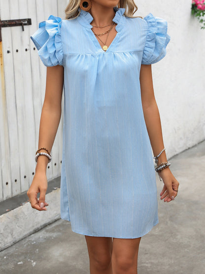 Ivy Lane Ruffled Notched Cap Sleeve Mini Dress Trendsi