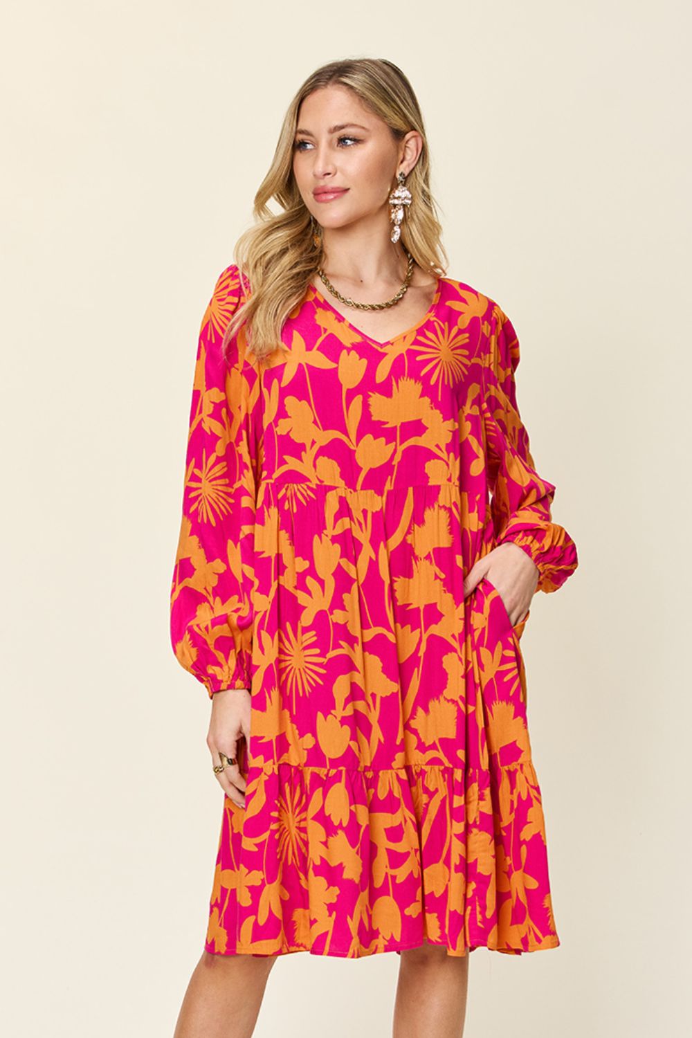 Double Take Full Size Printed Ruffle Hem Dress with Pocket Trendsi