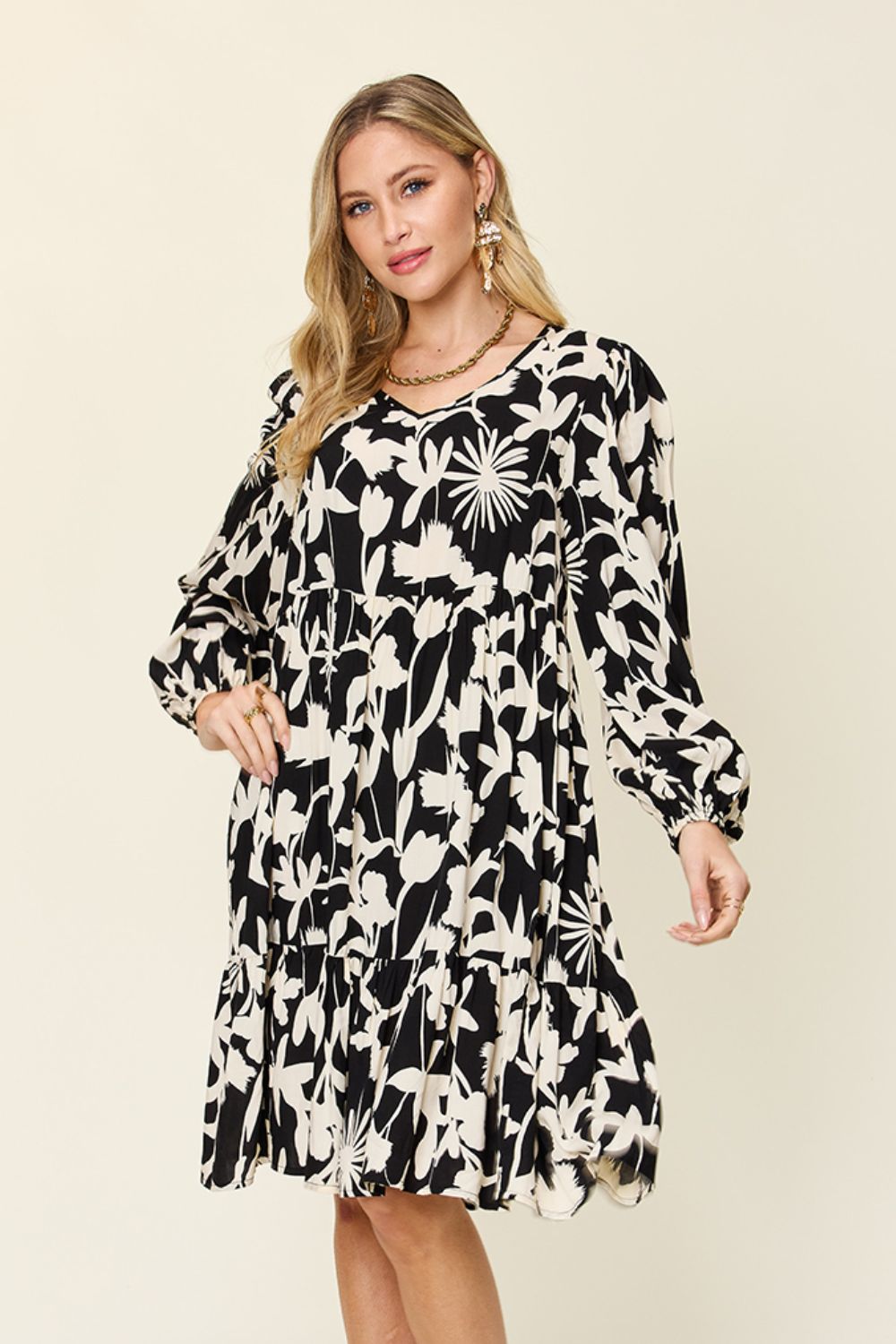 Double Take Full Size Printed Ruffle Hem Dress with Pocket Trendsi