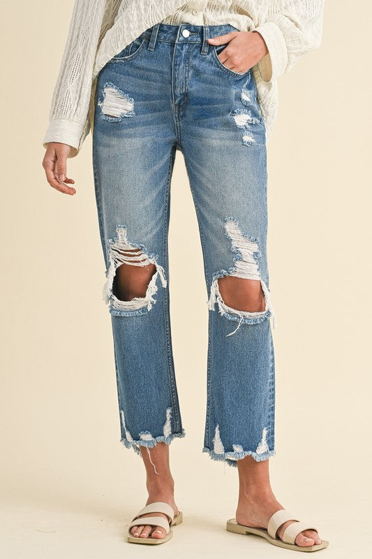 Annie Wear Distressed Raw Hem Cropped Jeans Trendsi