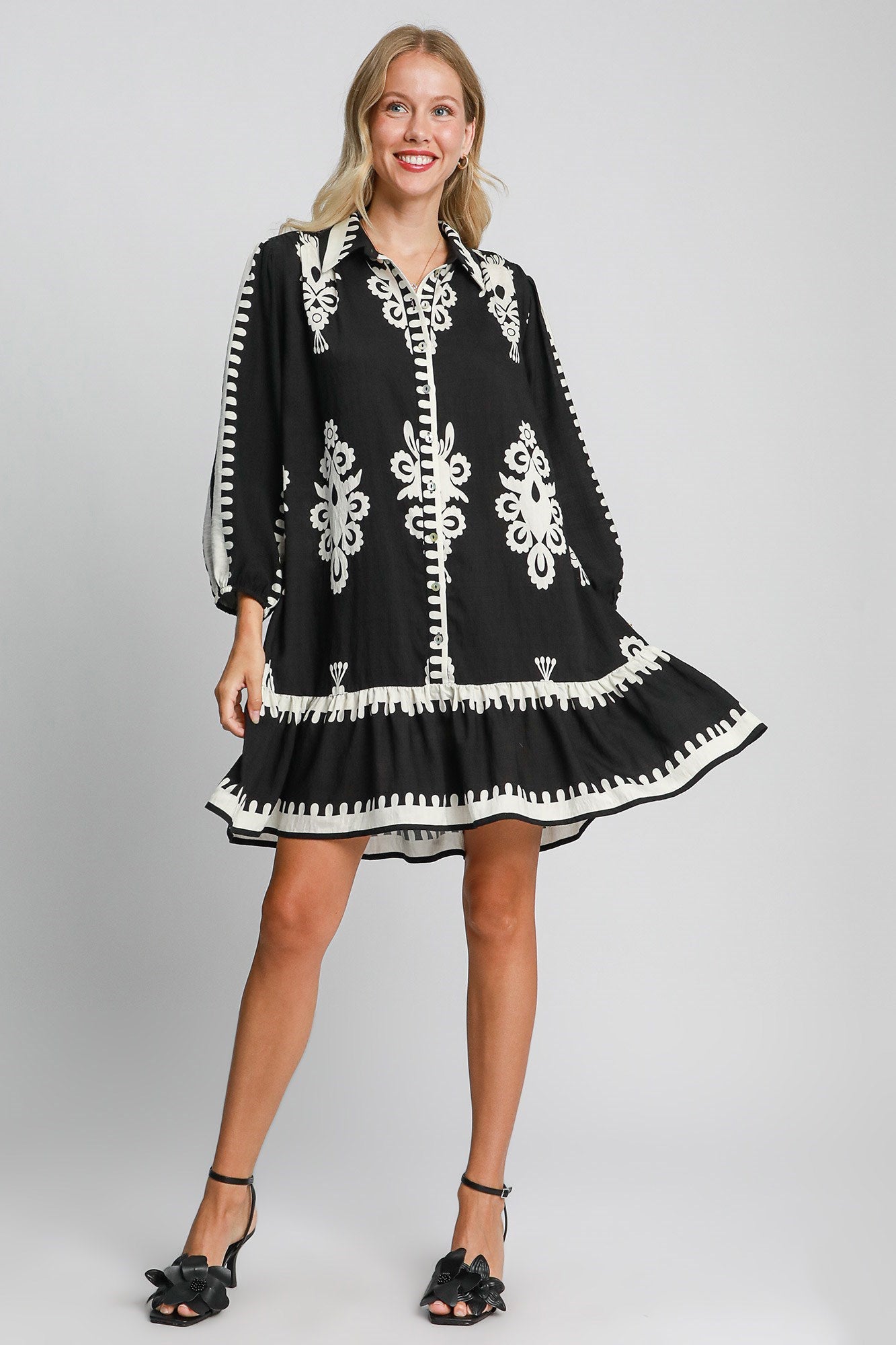 Umgee Border Print Button Down Ruffled Hem Dress Trendsi