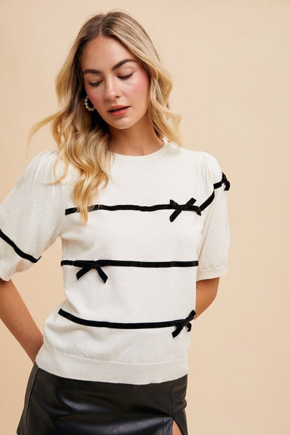 Annie Wear Striped Bow Round Neck Knit Top Trendsi