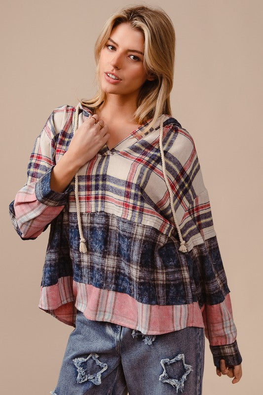 BiBi Drawstring Plaid Drop Shoulder Hoodie Trendsi