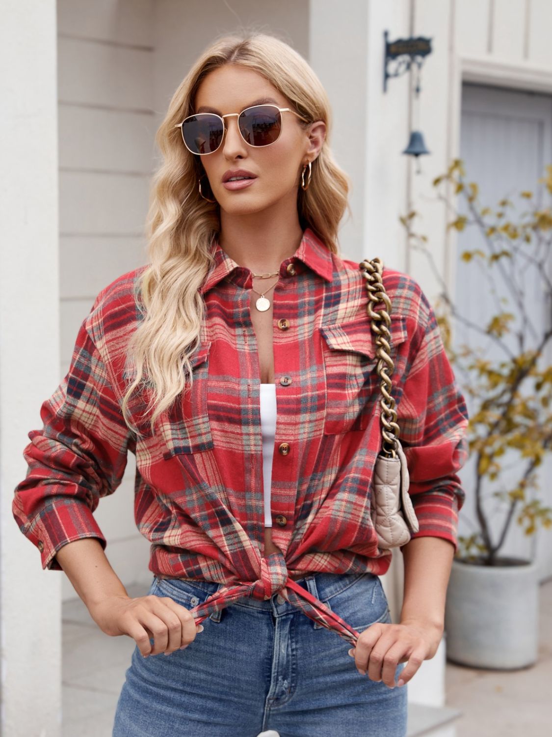 Mandy Plaid Button Up Long Sleeve Shirt Trendsi