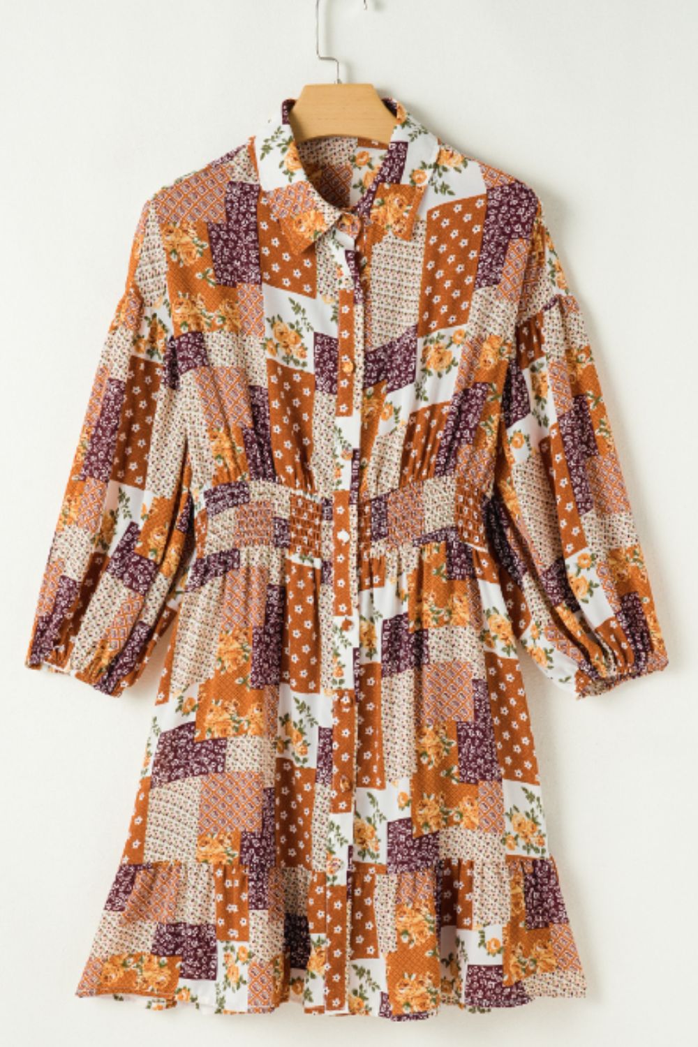 Printed Collared Neck Three-Quarter Sleeve Mini Shirt Dress Trendsi