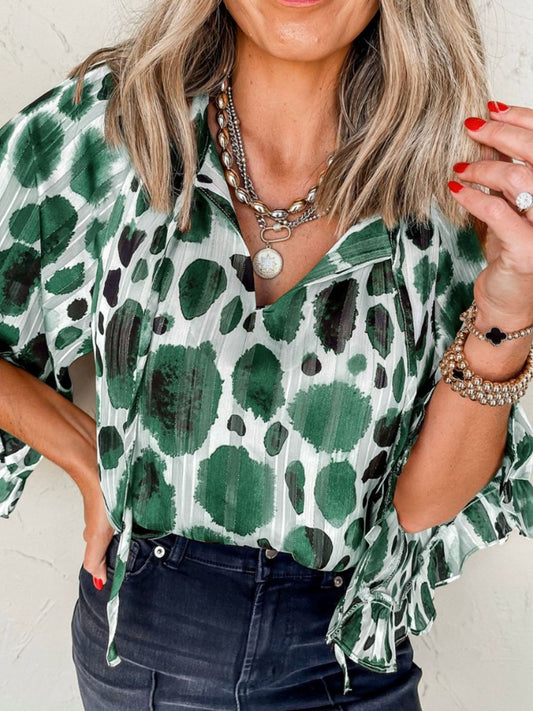 Printed Tie Neck Three-Quarter Sleeve Blouse Trendsi