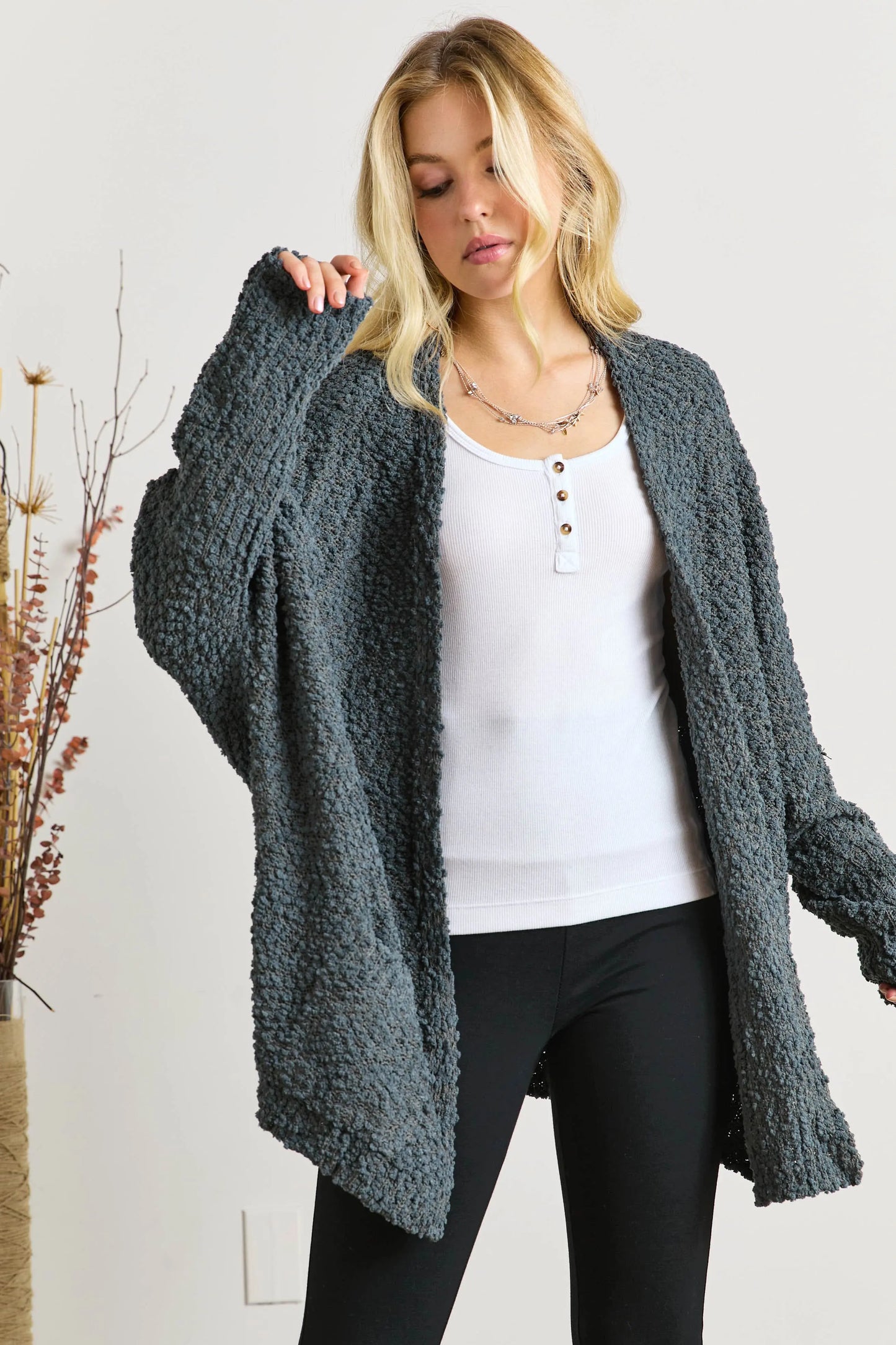 ADORA Popcorn Knit Open Front Long Sleeve Cardigan - Image #1