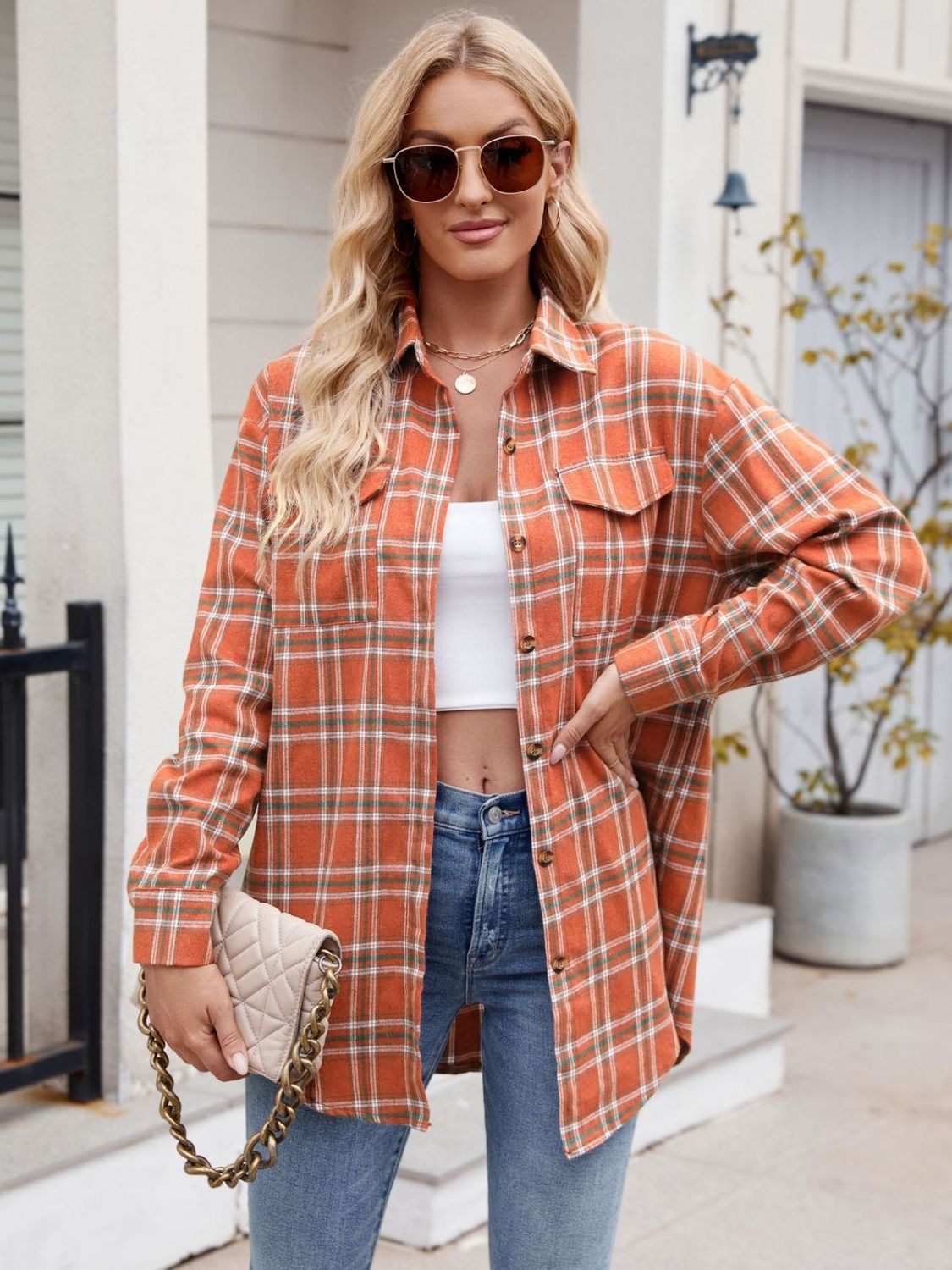 Mandy Plaid Button Up Long Sleeve Shirt Trendsi